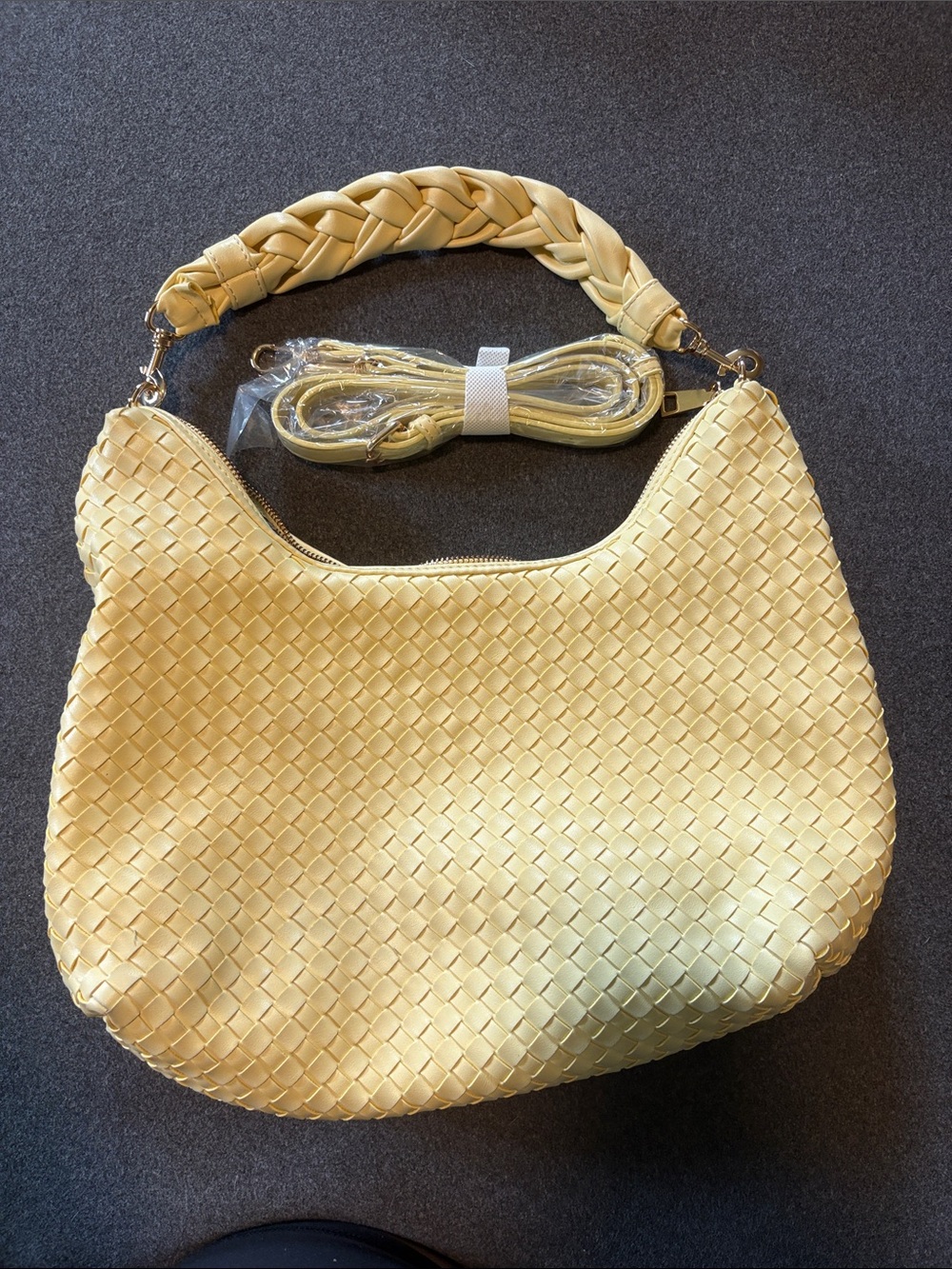 Modern and Chic pale yellow woven Kelly - vegan leather tote
